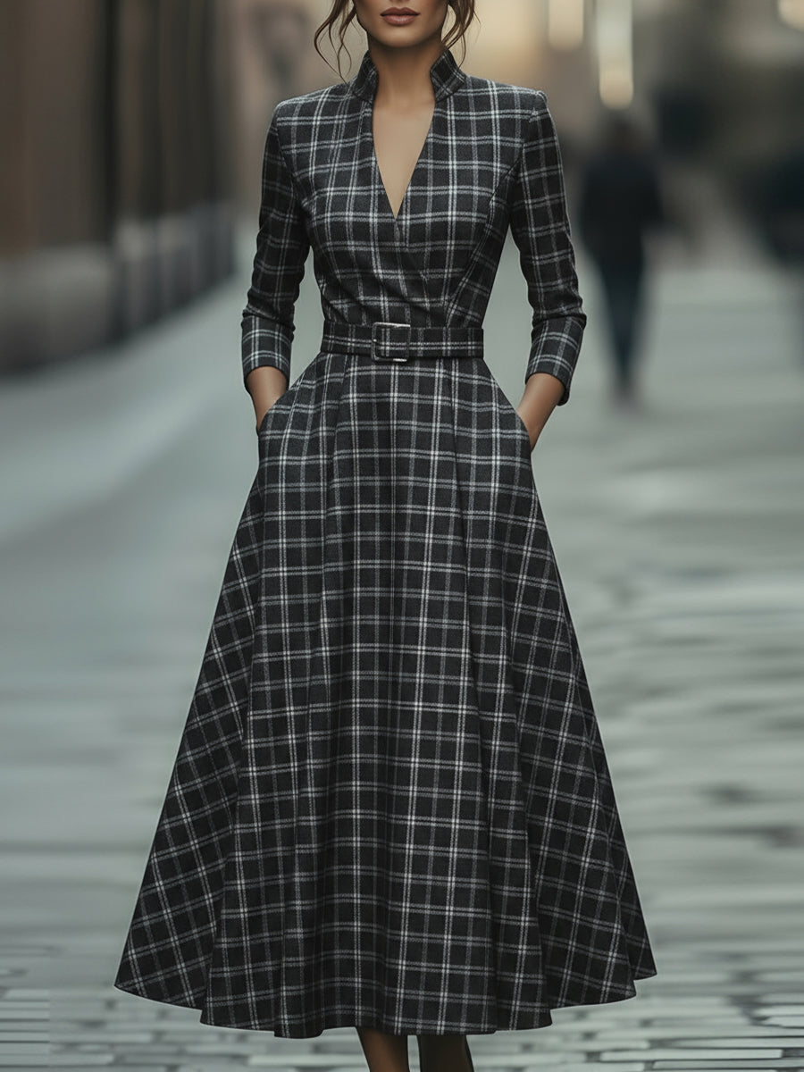 Léon Varel Plaid Check Belted Dress With V-Neckline