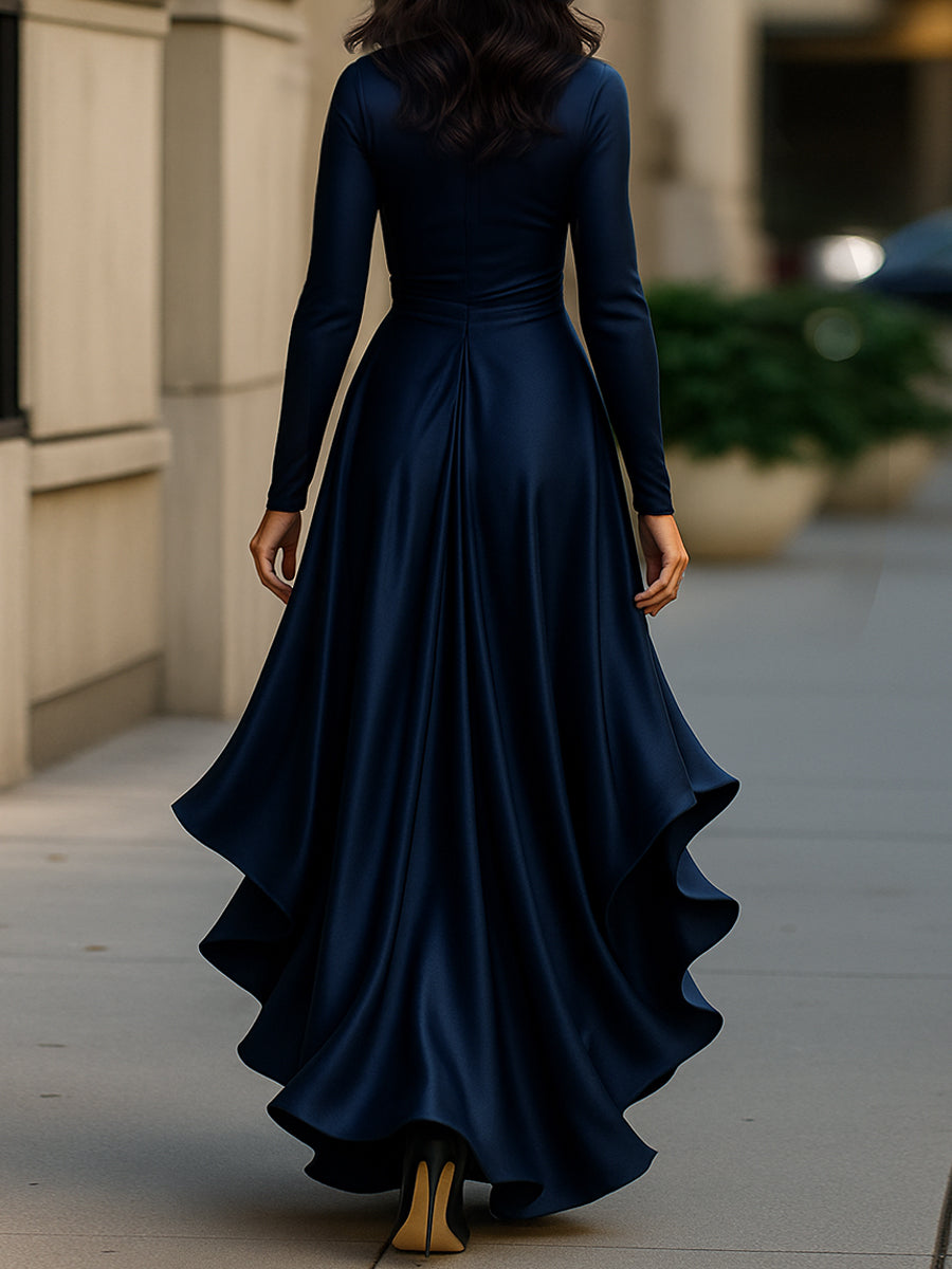Léon Varel Midnight Blue Draped Satin Maxi Dress With Ruffle Details