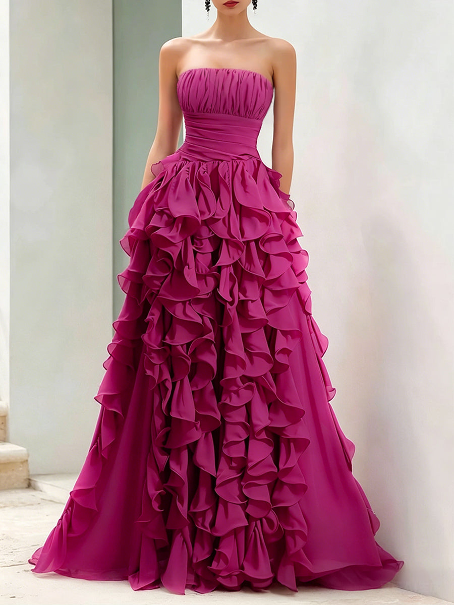 Léon Varel Strapless Magenta Ruffled Ball Gown