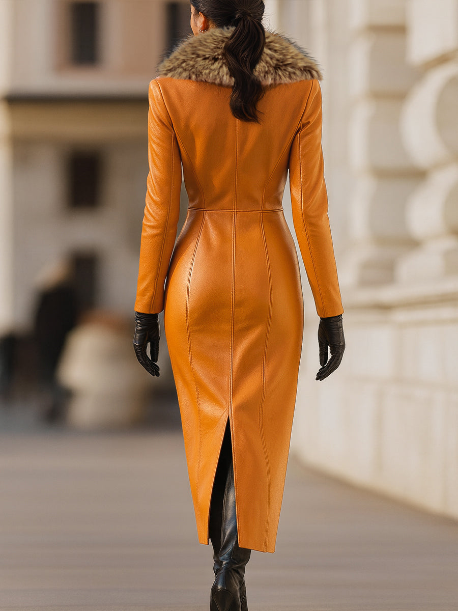Léon Varel Orange Faux Leather Maxi Dress With Luxurious Fur Collar