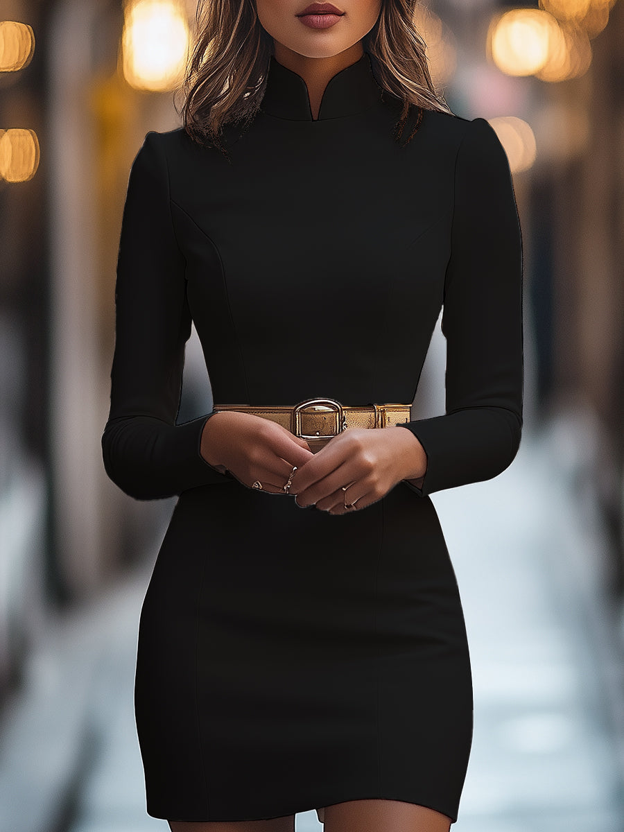 Léon Varel Elegant White Mandarin Collar Dress with Belt Design