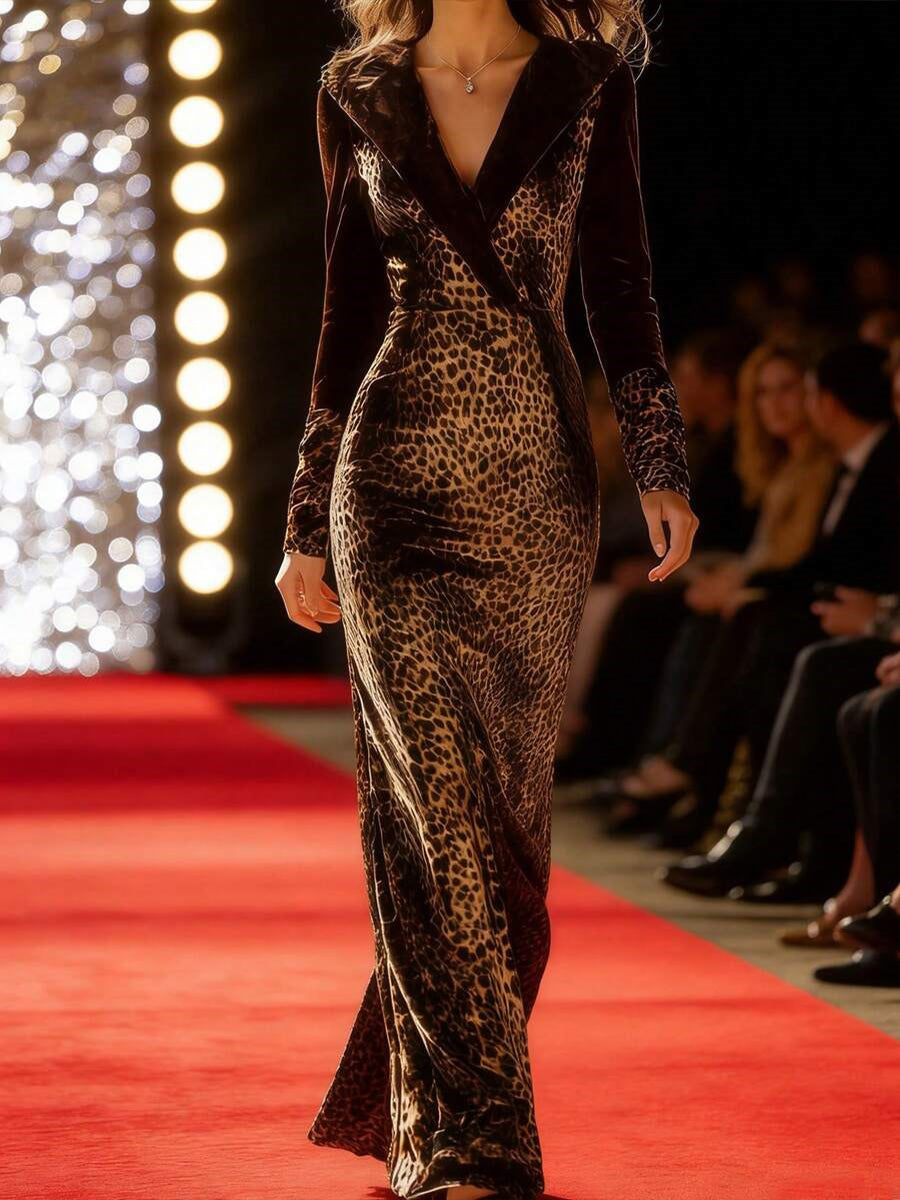 Léon Varel Leopard Velvet Fitted Gown