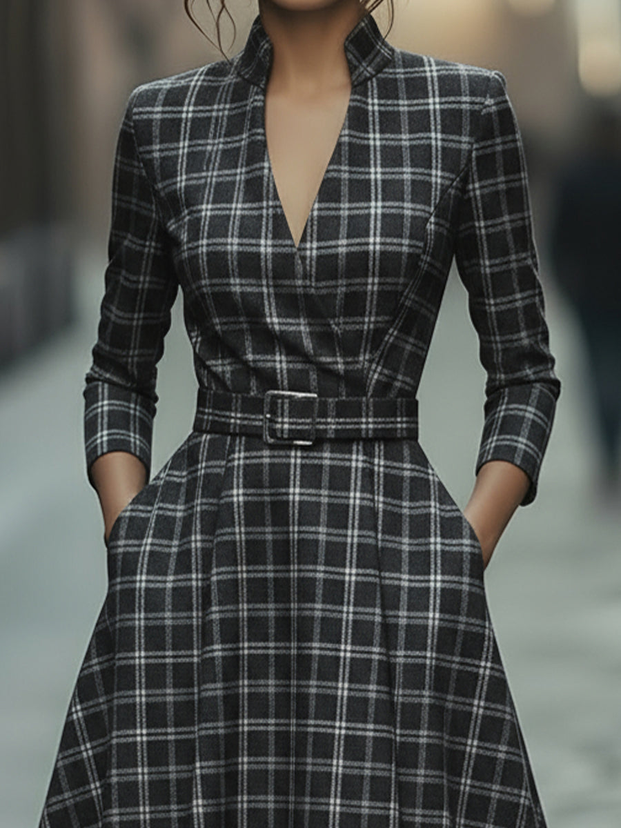 Léon Varel Plaid Check Belted Dress With V-Neckline