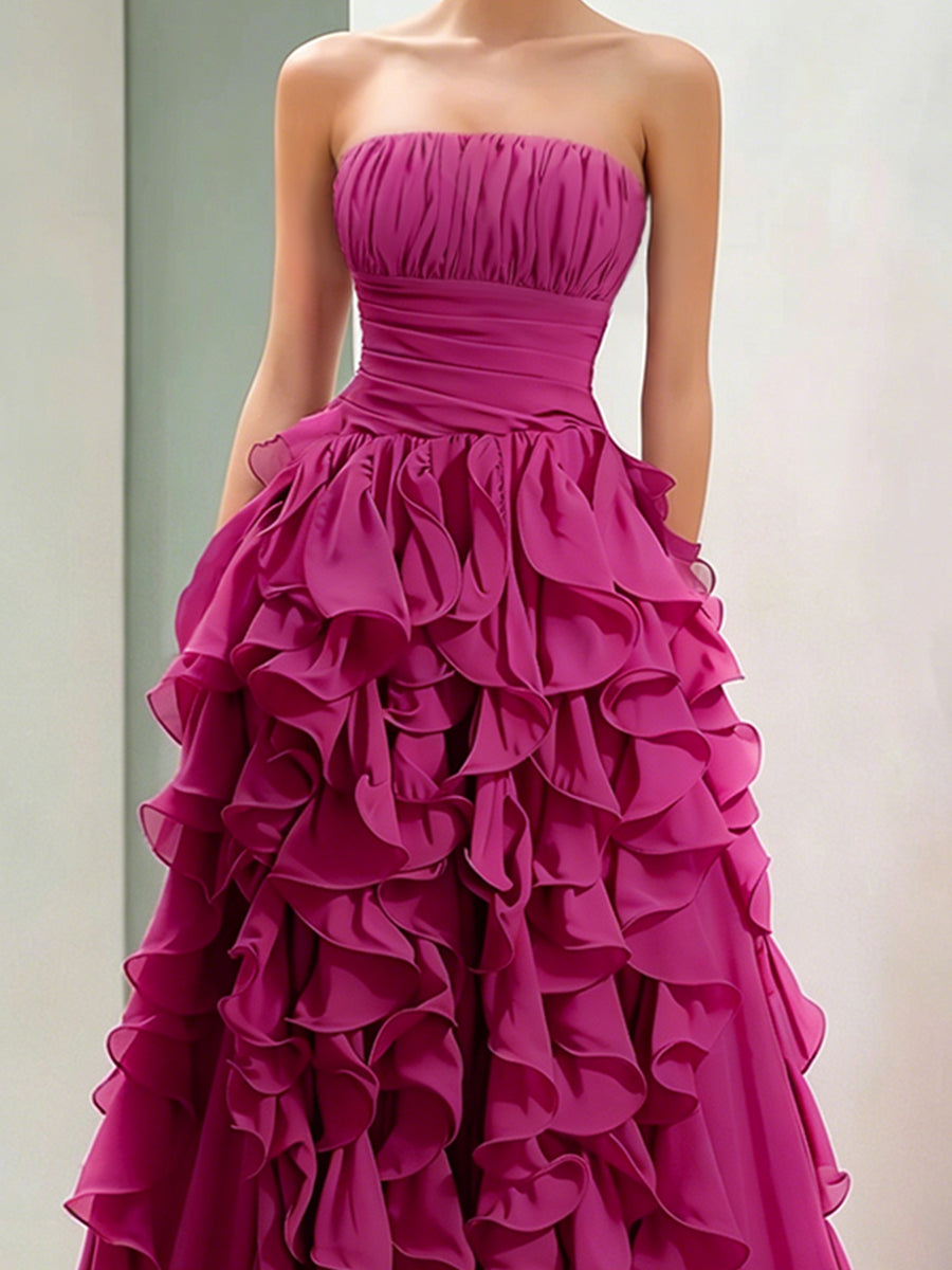 Léon Varel Strapless Magenta Ruffled Ball Gown