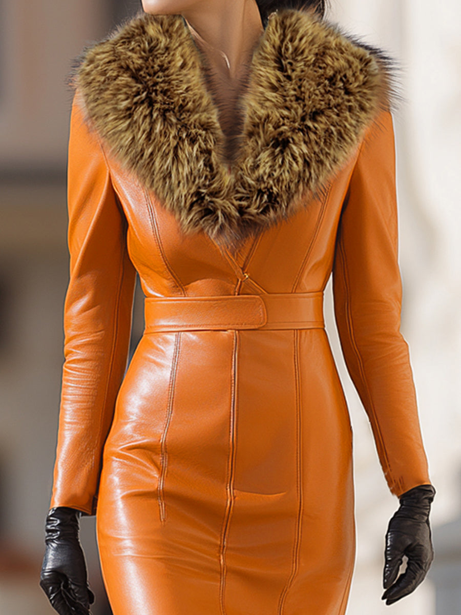 Léon Varel Orange Faux Leather Maxi Dress With Luxurious Fur Collar