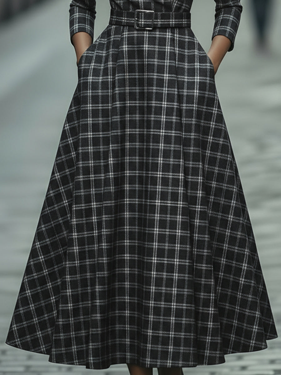 Léon Varel Plaid Check Belted Dress With V-Neckline