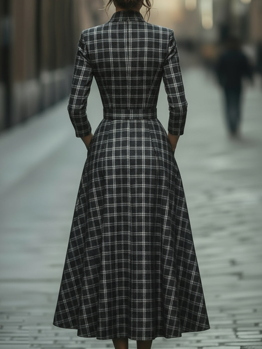 Léon Varel Plaid Check Belted Dress With V-Neckline