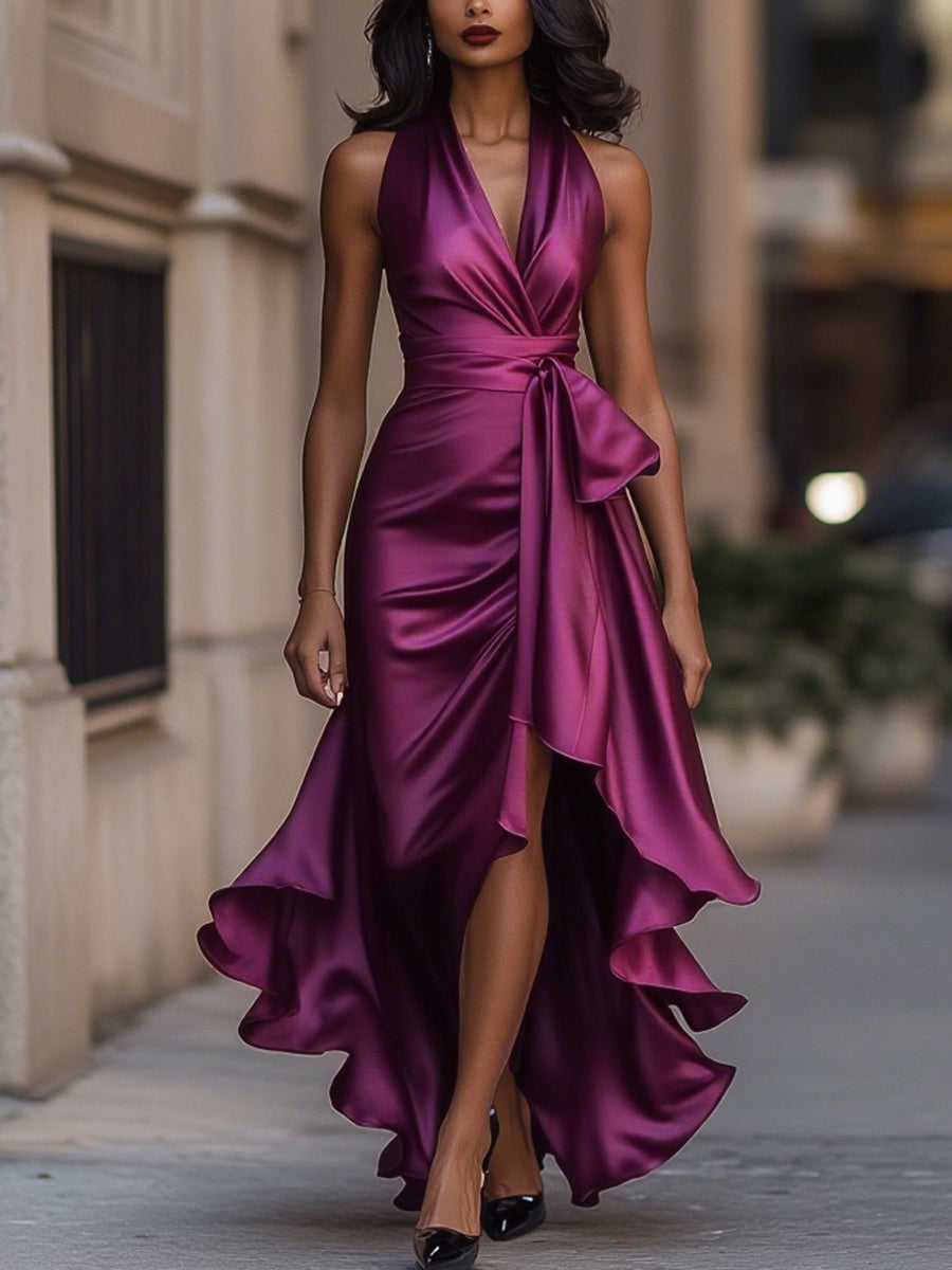 Léon Varel Midnight Elegance Satin Halter Ruffle Gown