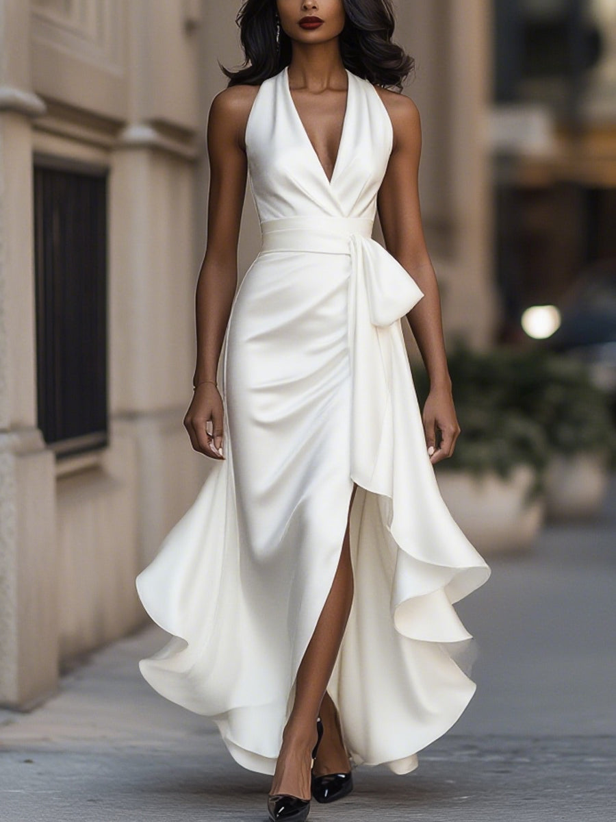 Léon Varel Midnight Elegance Satin Halter Ruffle Gown
