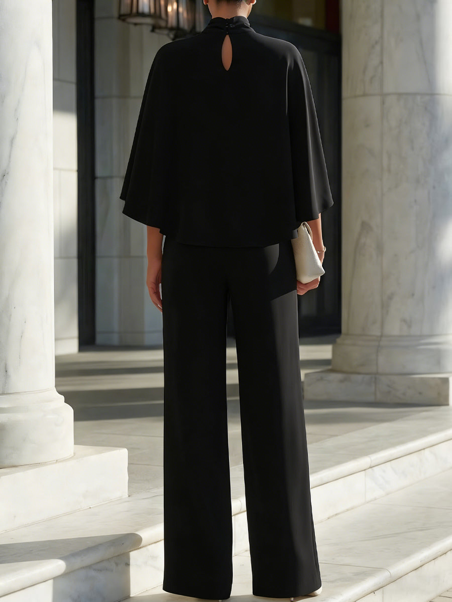 Léon Varel Cape-Sleeve High-Neck Blouse & Slit Wide-Leg Trousers Set
