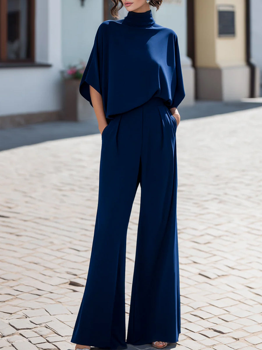 Léon Varel Minimalist High-Neck Draped Blouse & Wide-Leg Trouser Set