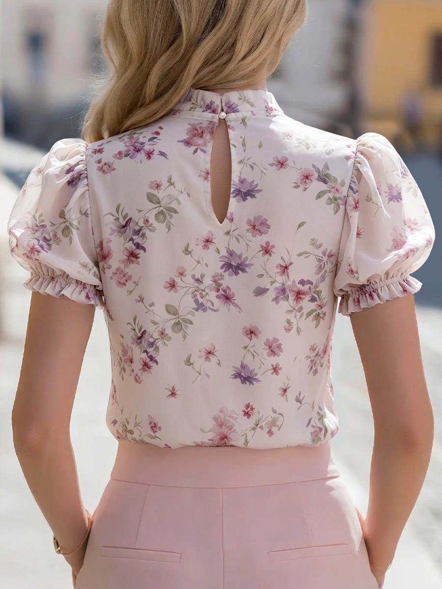 Léon Varel Floral Puff Sleeve Tie-Neck Chiffon Blouse