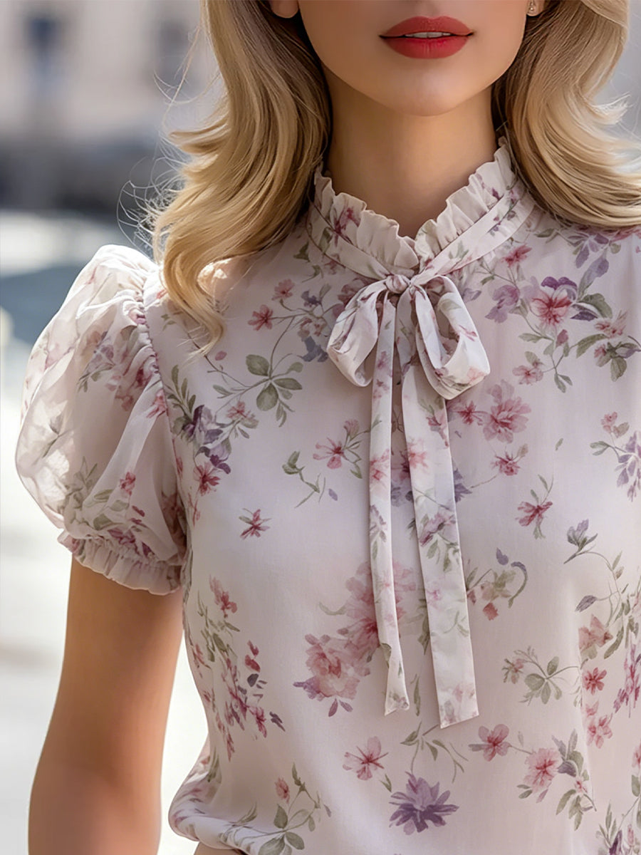 Léon Varel Floral Puff Sleeve Tie-Neck Chiffon Blouse