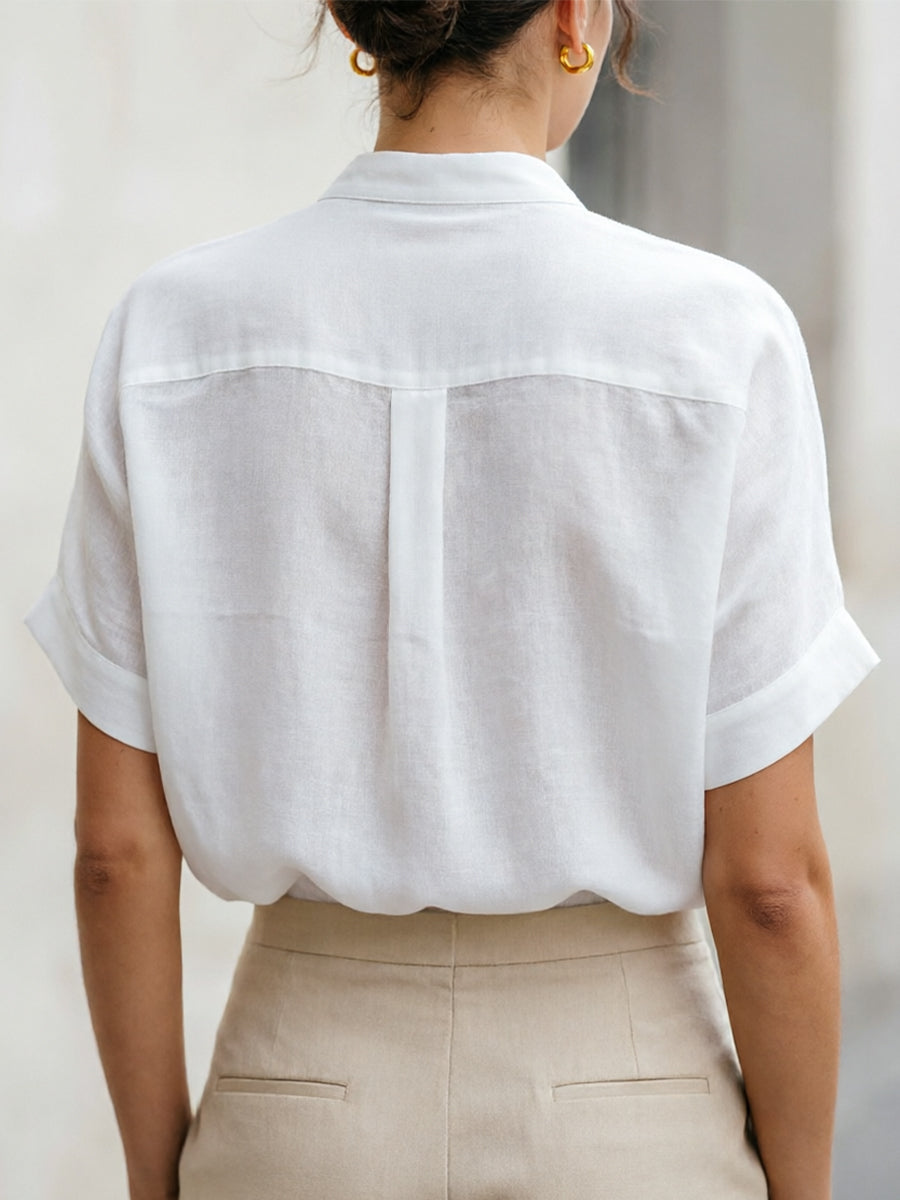 Léon Varel White Linen-Blend Stand Collar Short-Sleeve Blouse