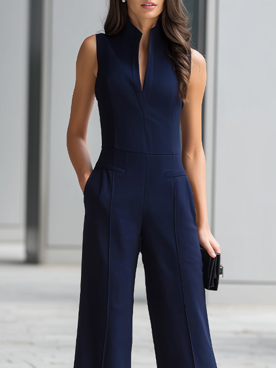 Léon Varel Navy Sleeveless Plunge-Neck Wide-Leg Jumpsuit