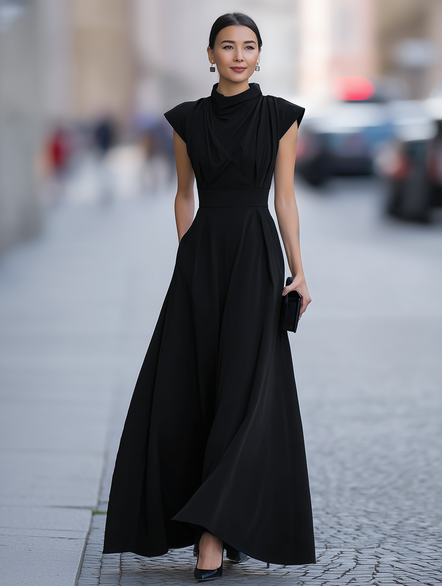 Léon Varel Draped Cap-Sleeve Maxi Dress With Defined Waist