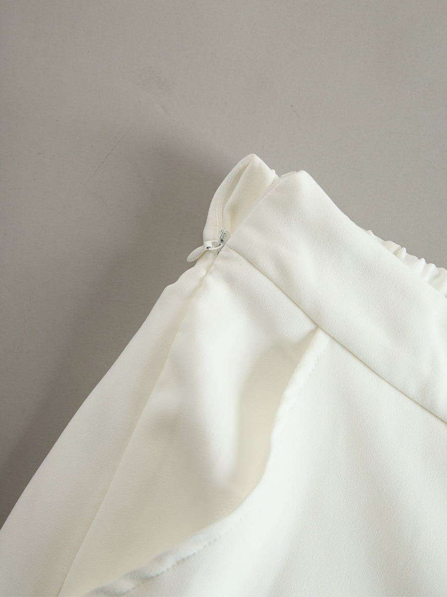 Léon Varel Ivory Stand Collar Split Neck Blouse & Wide-Leg Pants Two-Piece Suit