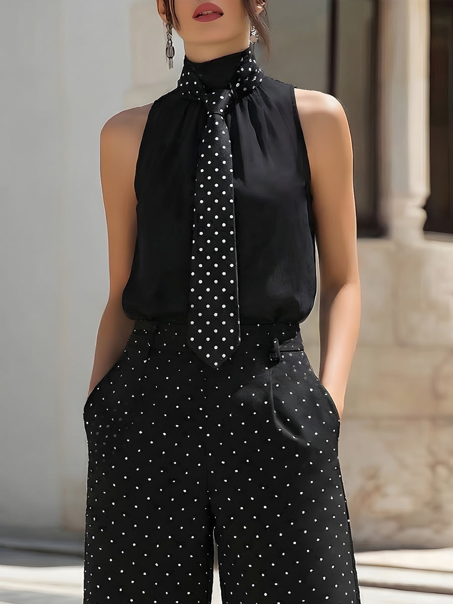 Léon Varel Polka Dot Tie-Neck Blouse & Wide-Leg Pants Set