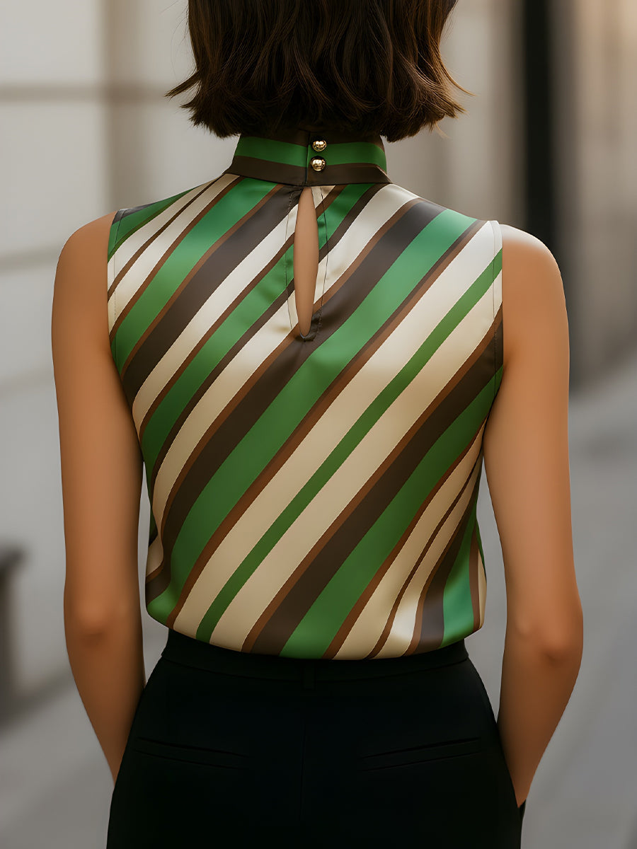 Léon Varel Striped Satin High-Neck Sleeveless Blouse