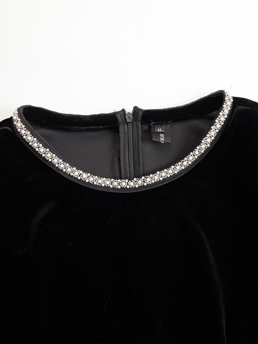 Léon Varel Elegant Velvet Mini Dress With Embellished Neckline And Floral Cuff Detail
