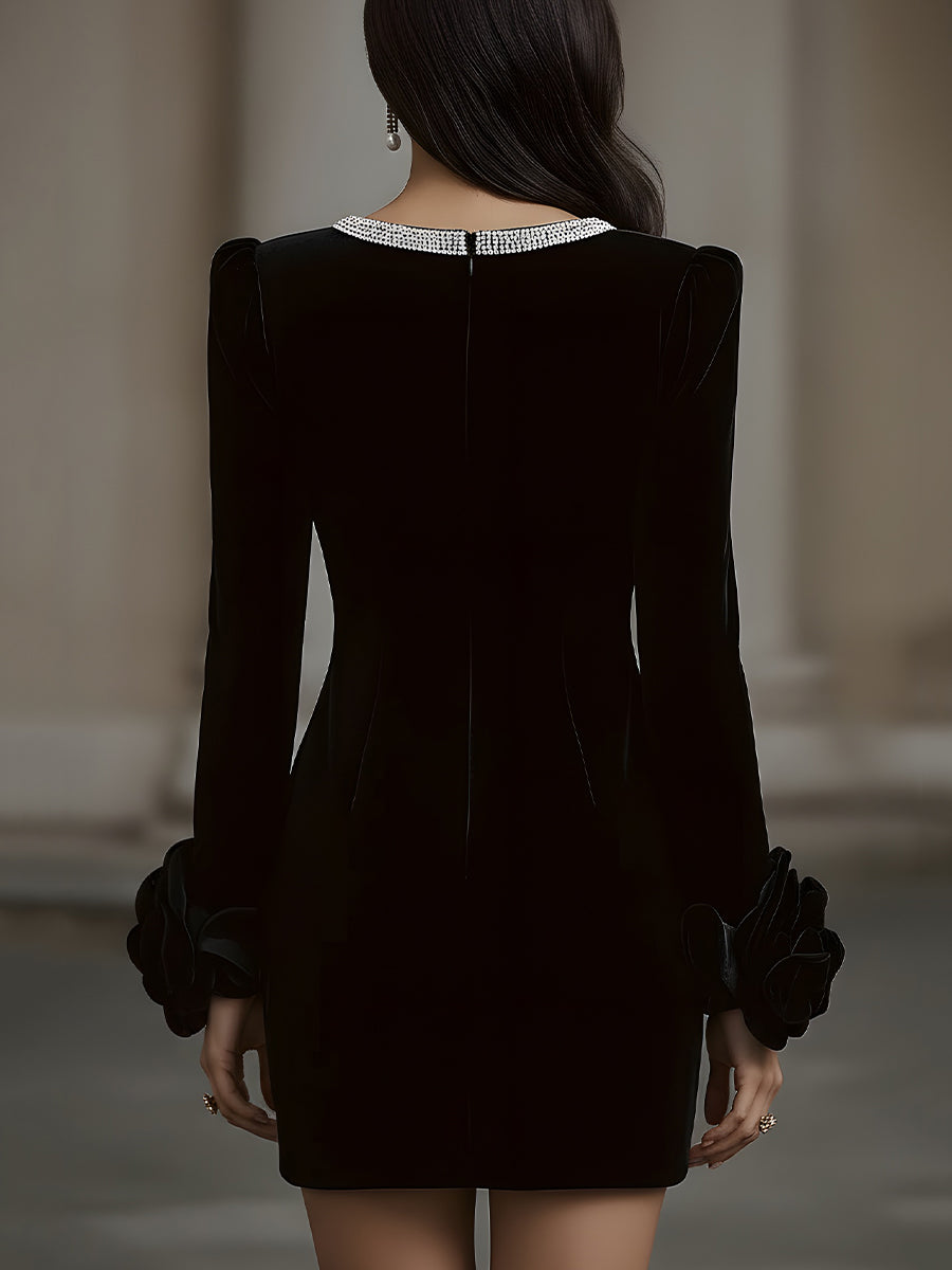Léon Varel Elegant Velvet Mini Dress With Embellished Neckline And Floral Cuff Detail