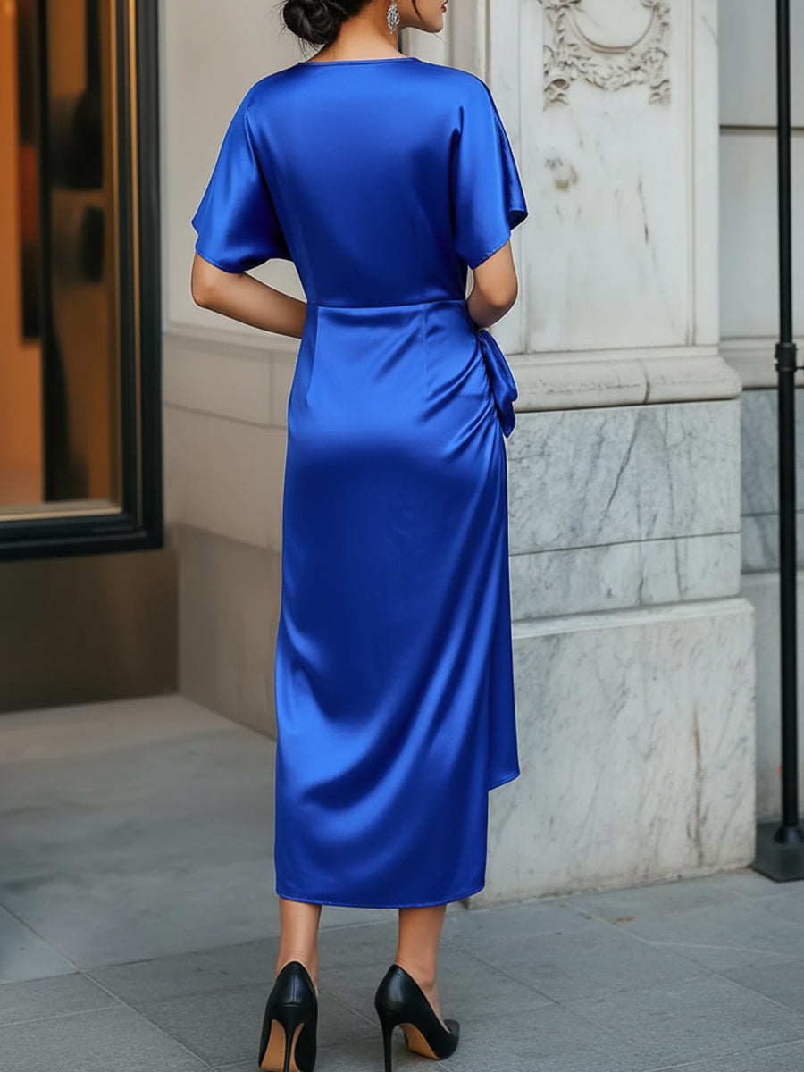 Léon Varel Elegant Sapphire Lace-up Satin Dress
