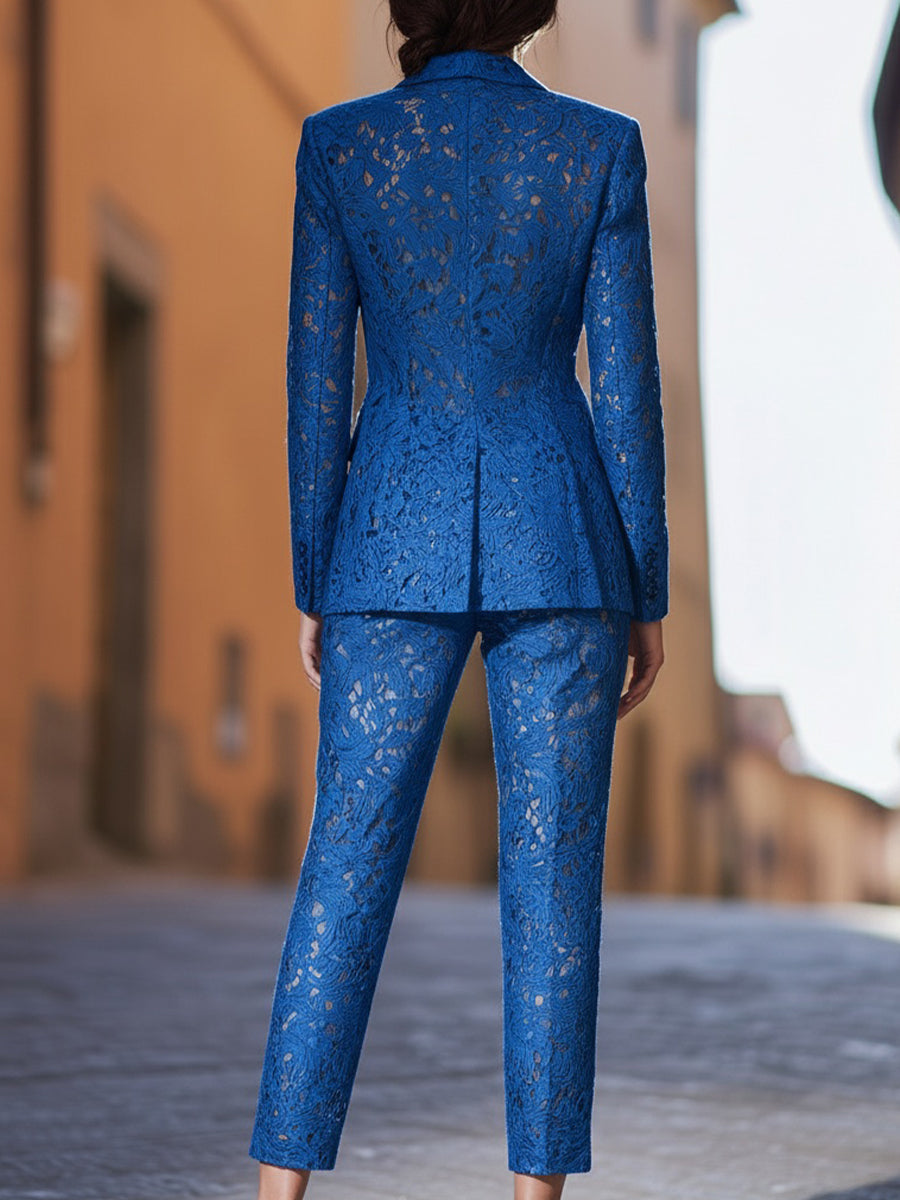 Léon Varel Chic Royal Blue Lace Tailored Suit Set