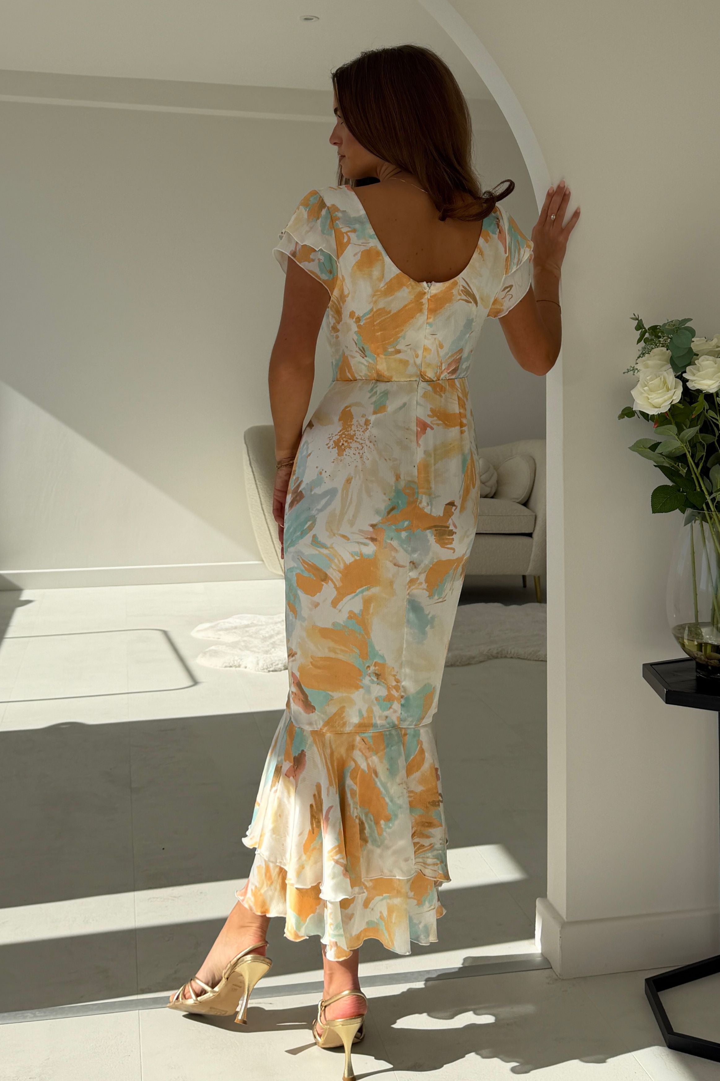 Roxy Boat Neck Frill Midi Abstract Print