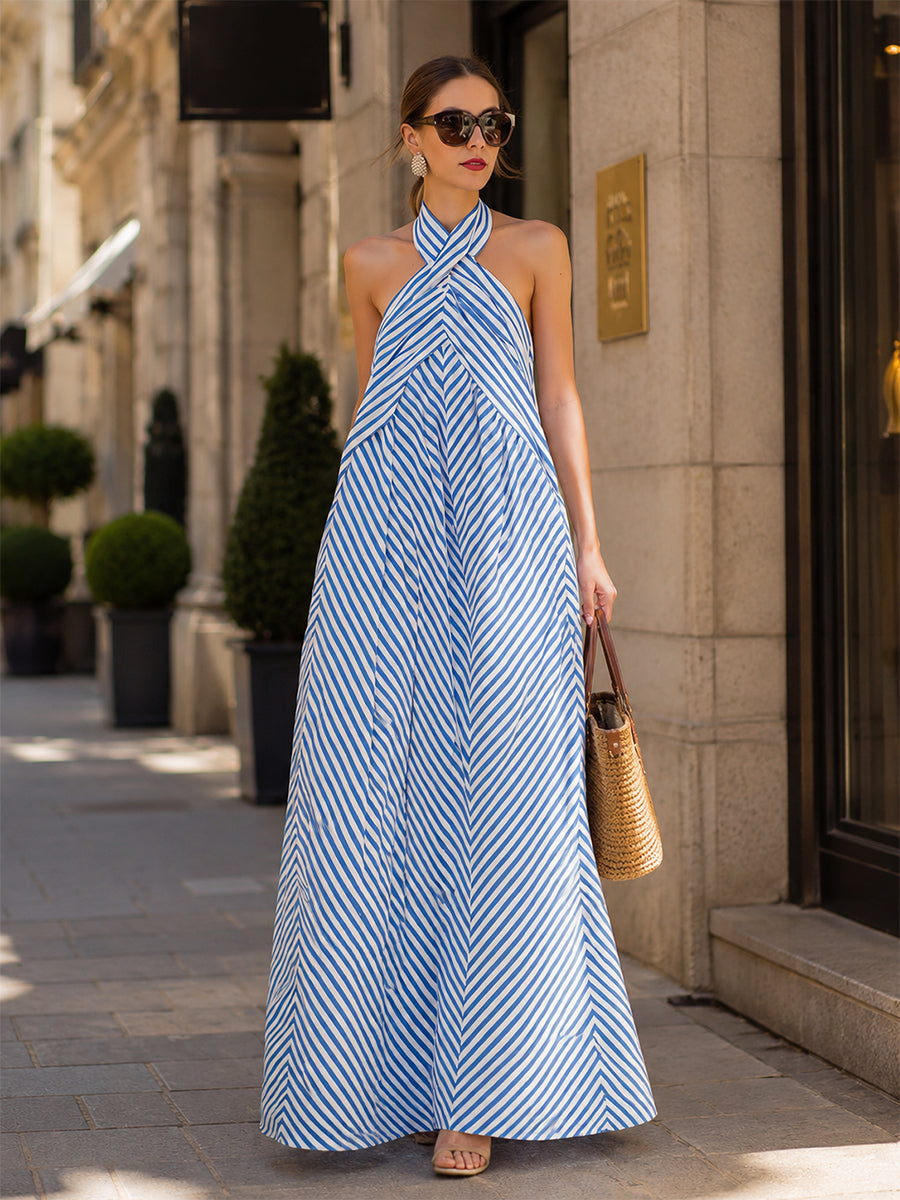 Léon Varel Nautical Stripe Halter Neck Maxi Dress