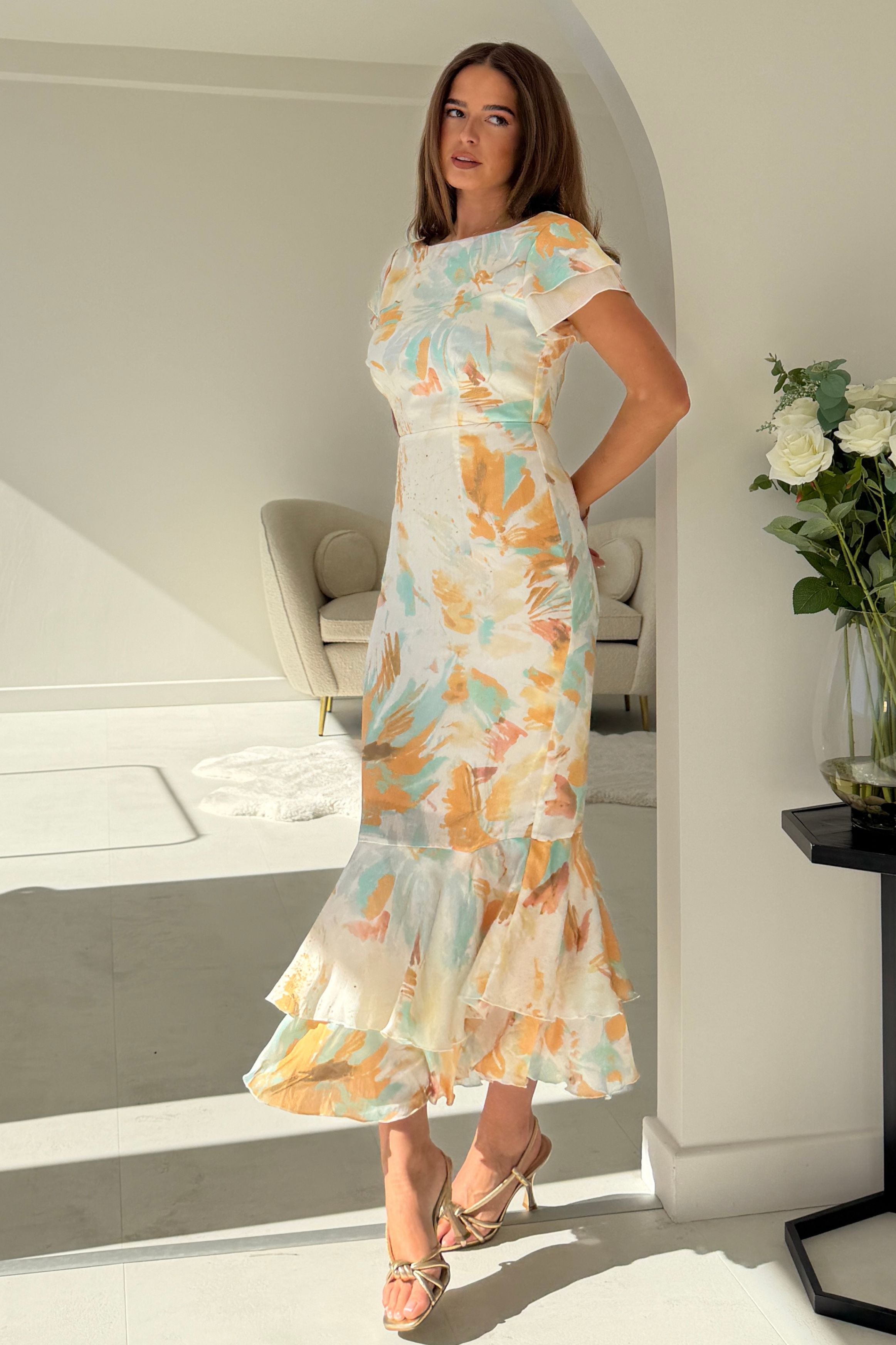 Roxy Boat Neck Frill Midi Abstract Print