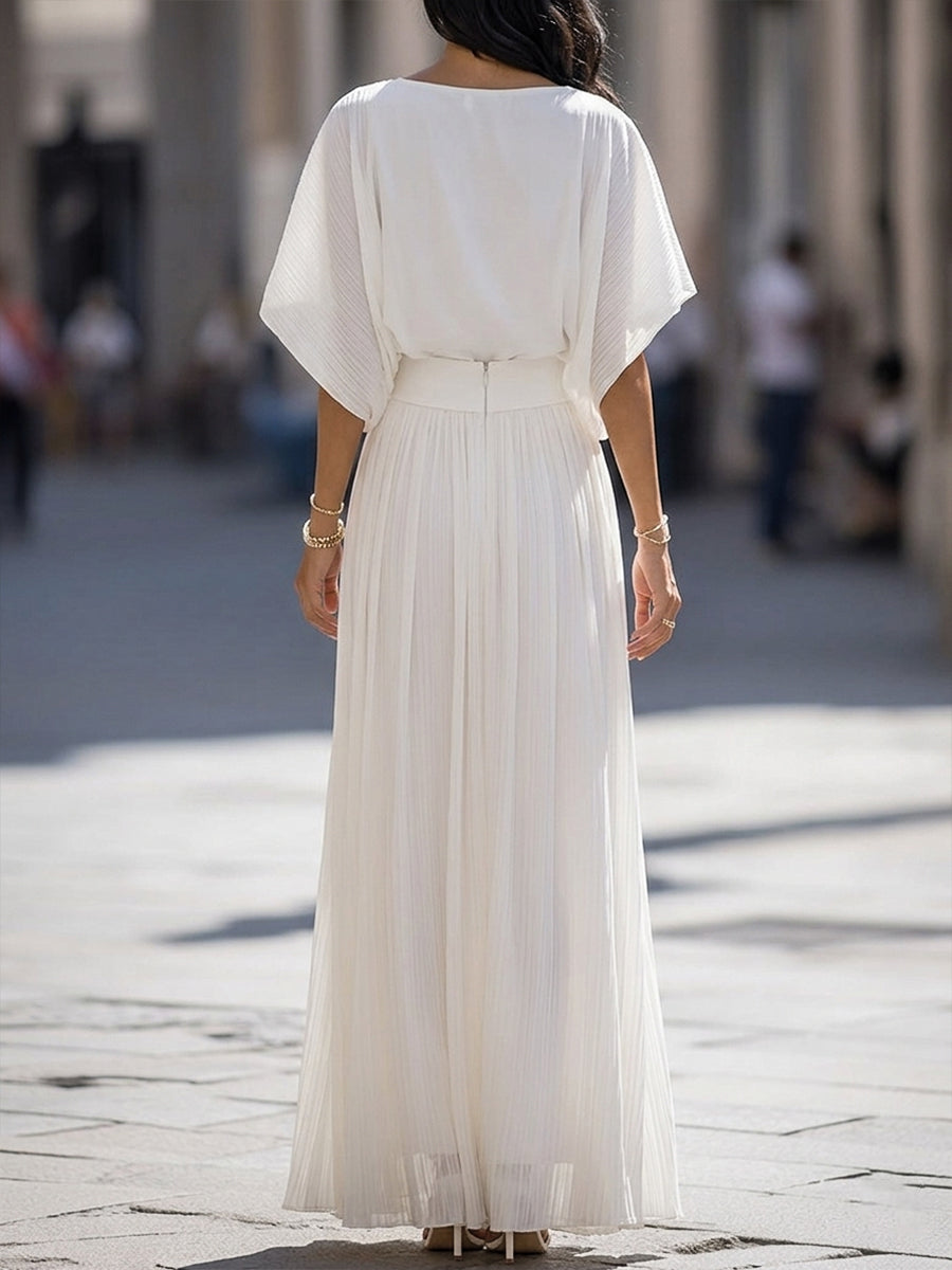 Léon Varel Pleated Shawl-Sleeve High-Waisted Flowy Maxi Dress Set