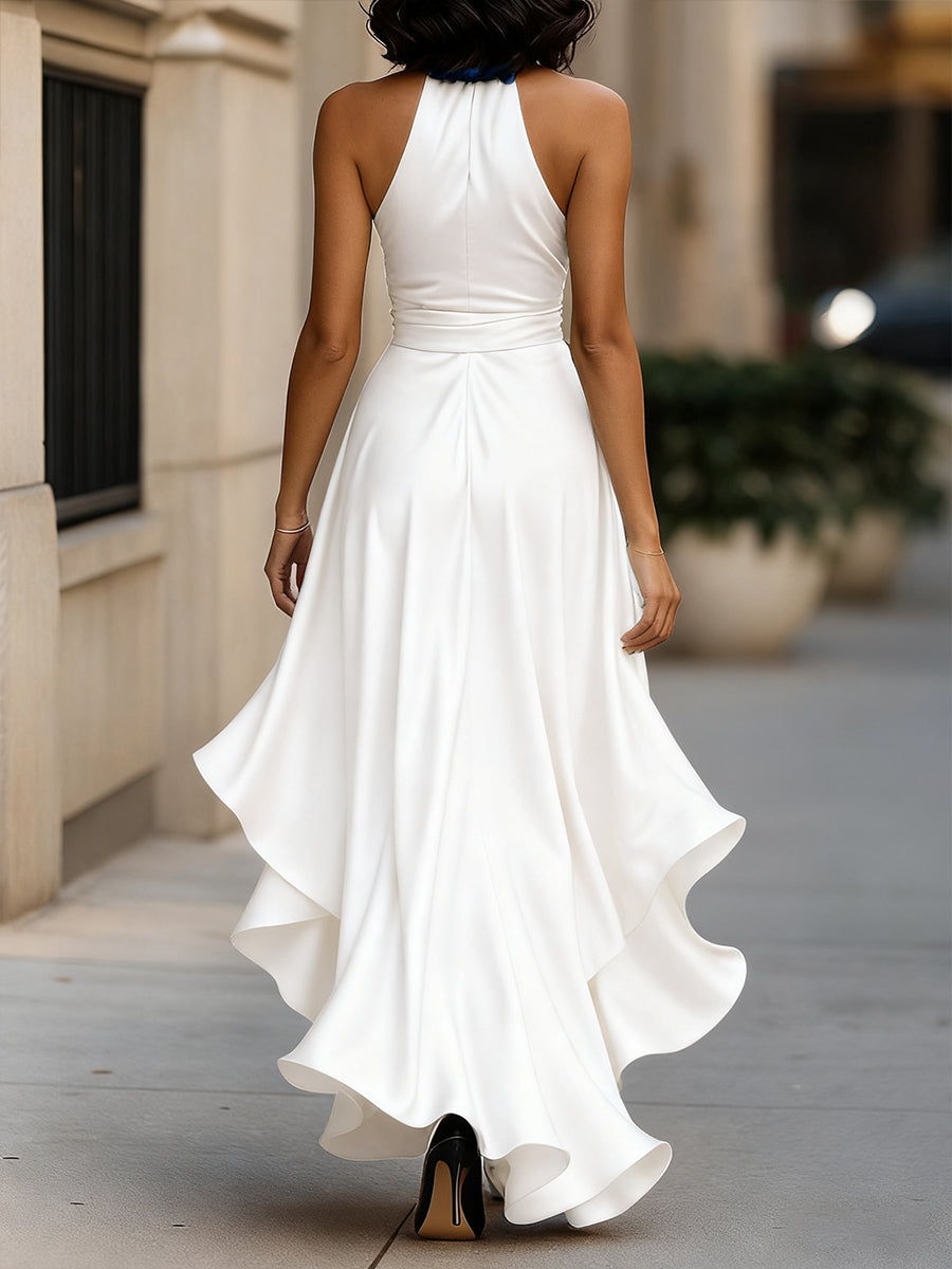 Léon Varel Midnight Elegance Satin Halter Ruffle Gown
