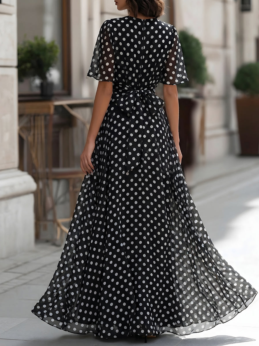 Léon Varel Polka Dot Chiffon V-Neck Maxi Dress