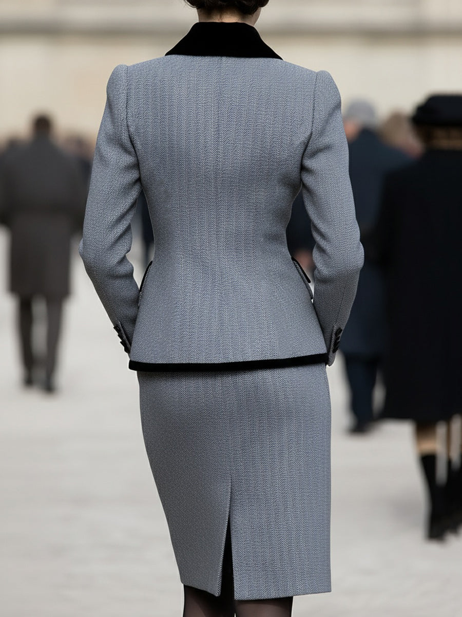 Léon Varel Elegant Herringbone Blazer & Pencil Skirt Set