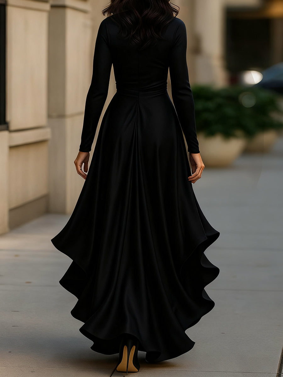 Léon Varel Midnight Blue Draped Satin Maxi Dress With Ruffle Details