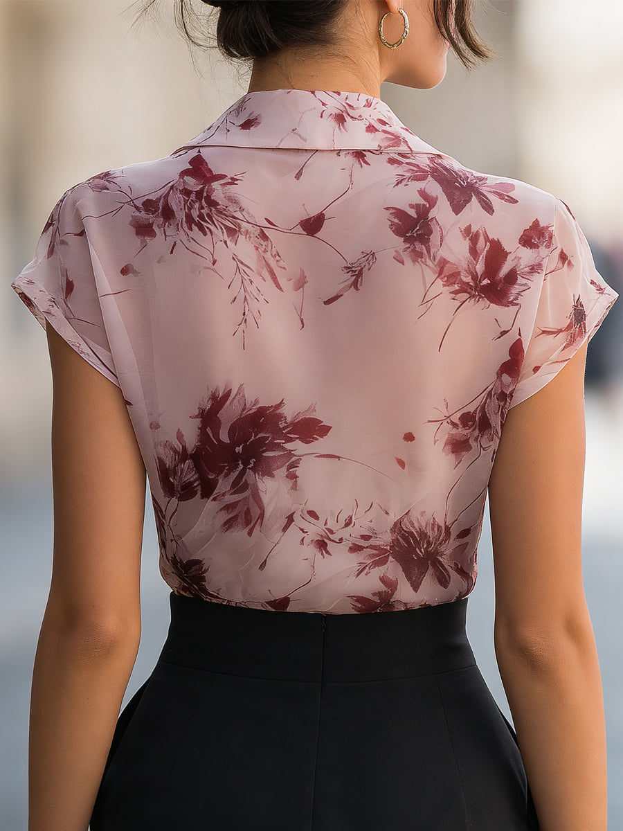 Léon Varel Floral Print Draped Wrap Collar Short Sleeve Blouse
