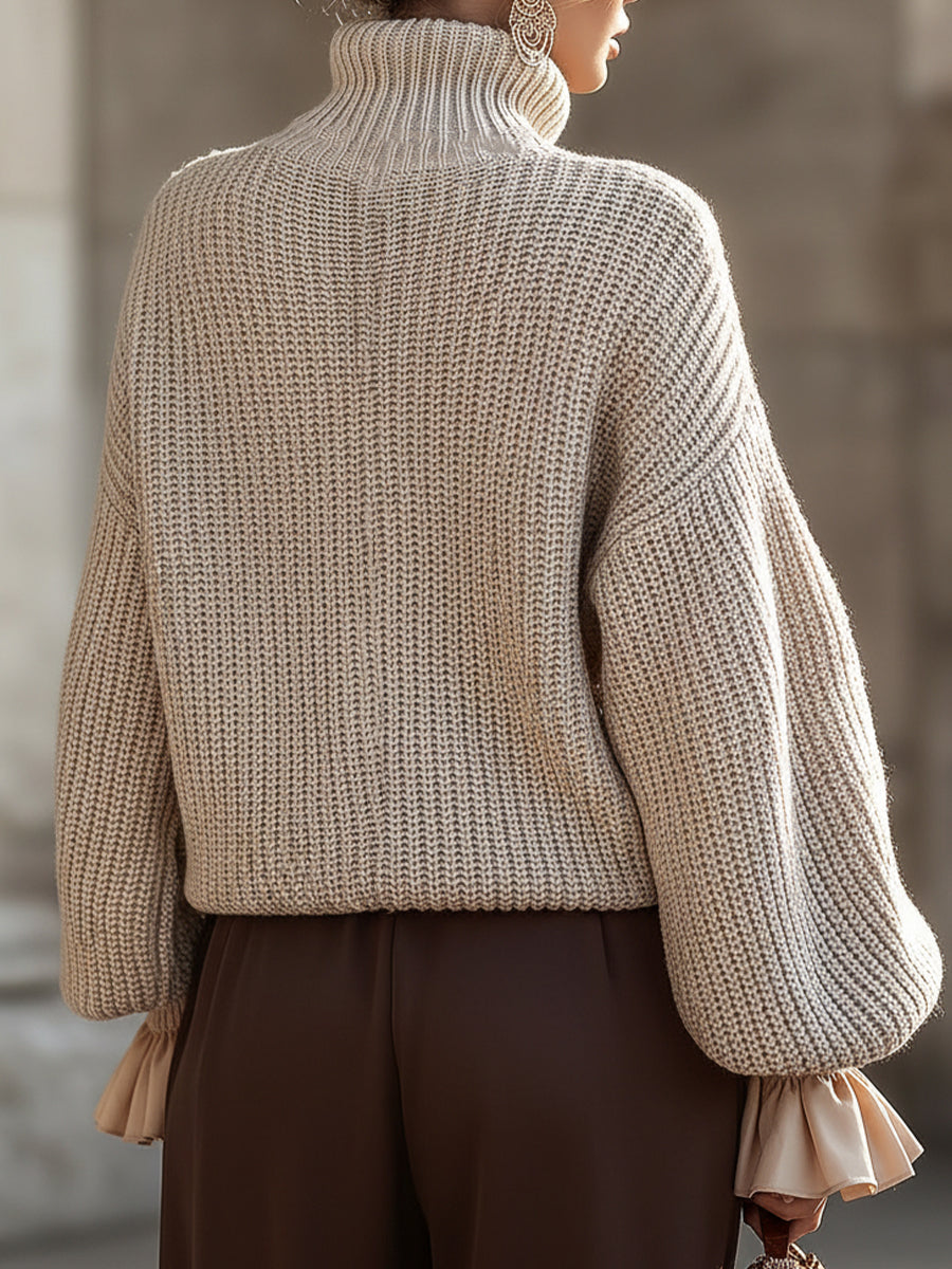 Léon Varel Cream Knit Turtleneck Sweater With Ruffled Cuffs