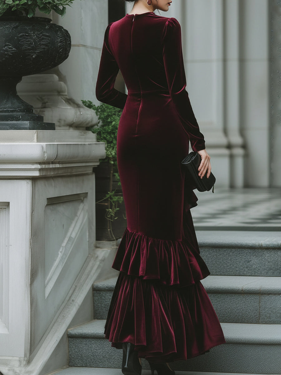 Léon Varel Long Sleeve Ruffled Tier Evening Gown