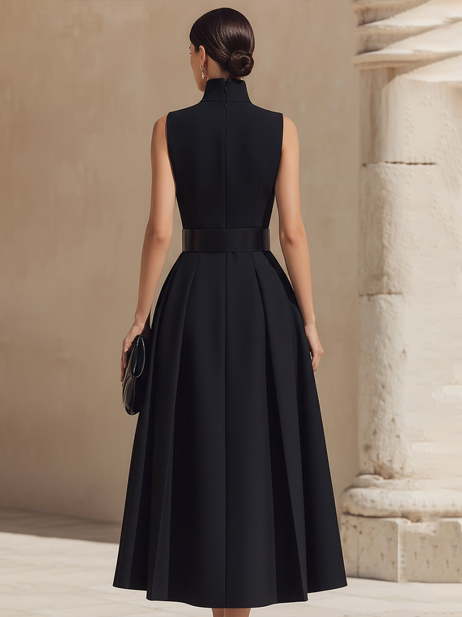 Léon Varel Belted High-Neck Pleated Maxi Dress