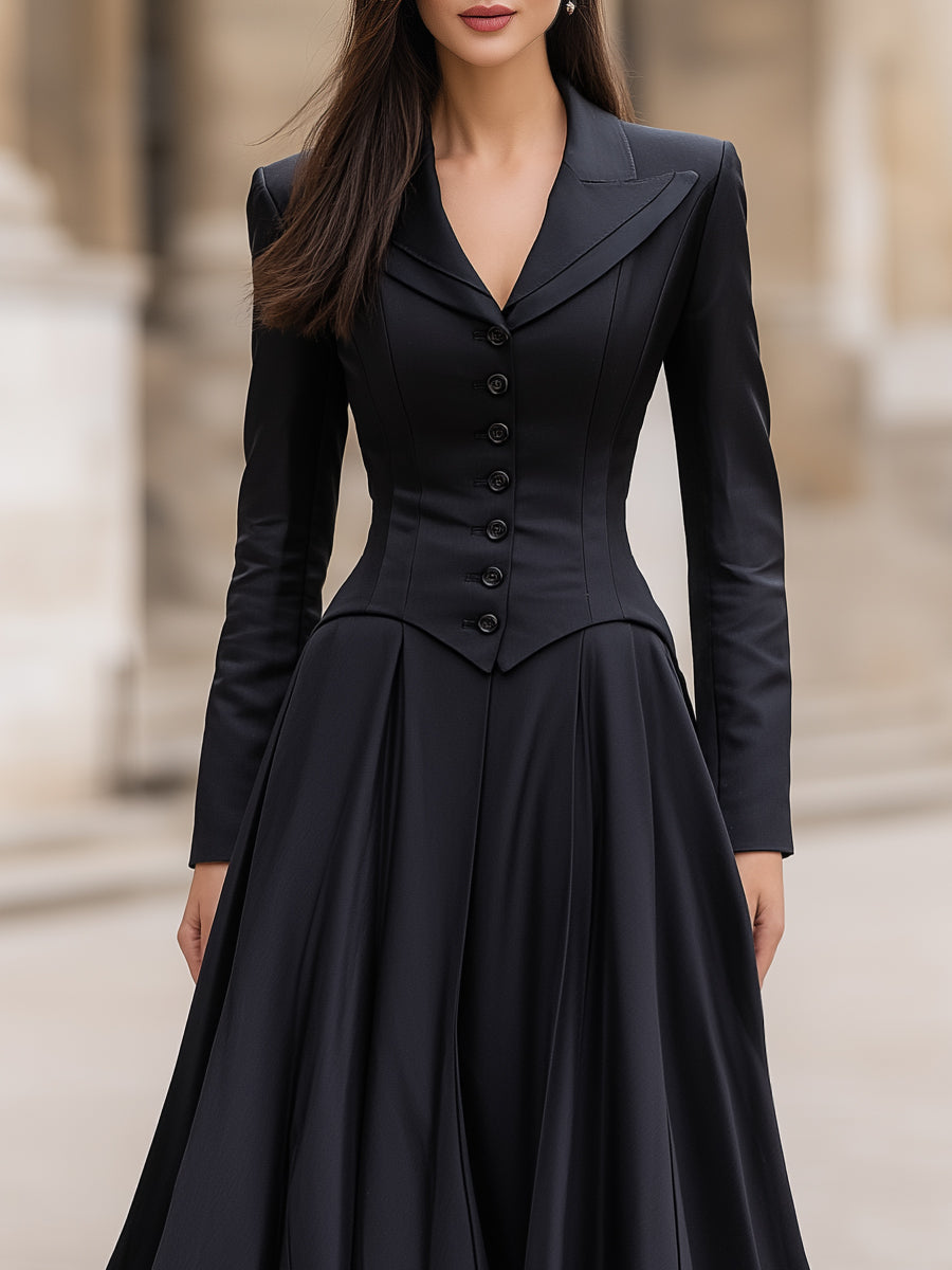 Léon Varel Elegant Tailored Waist Long-Sleeve Maxi Dress