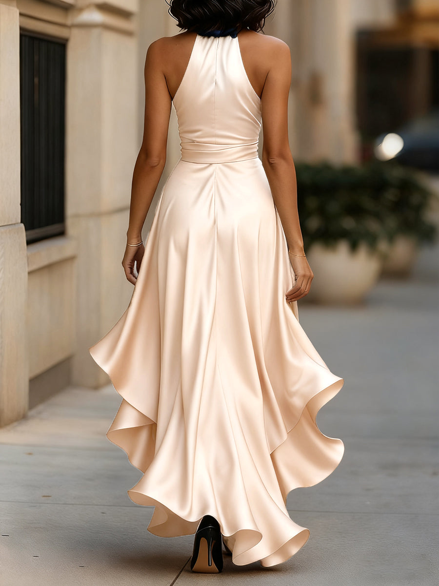 Léon Varel Midnight Elegance Satin Halter Ruffle Gown