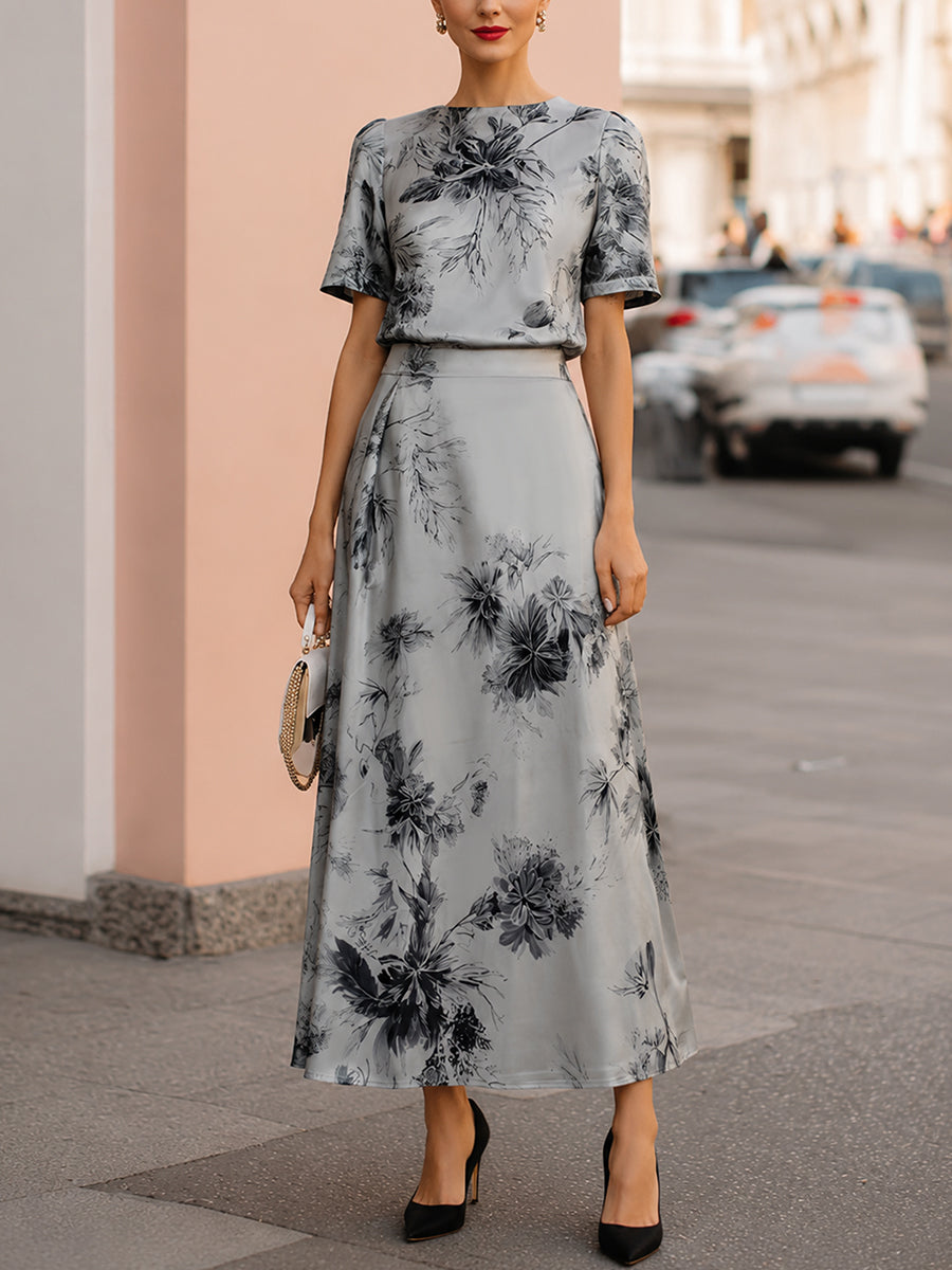 Léon Varel Ethereal Silver-Grey Floral Printed Two-Piece Maxi Set