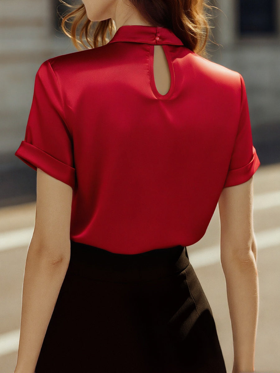 Léon Varel Sophisticated White Satin Blouse with Modern Keyhole Neckline