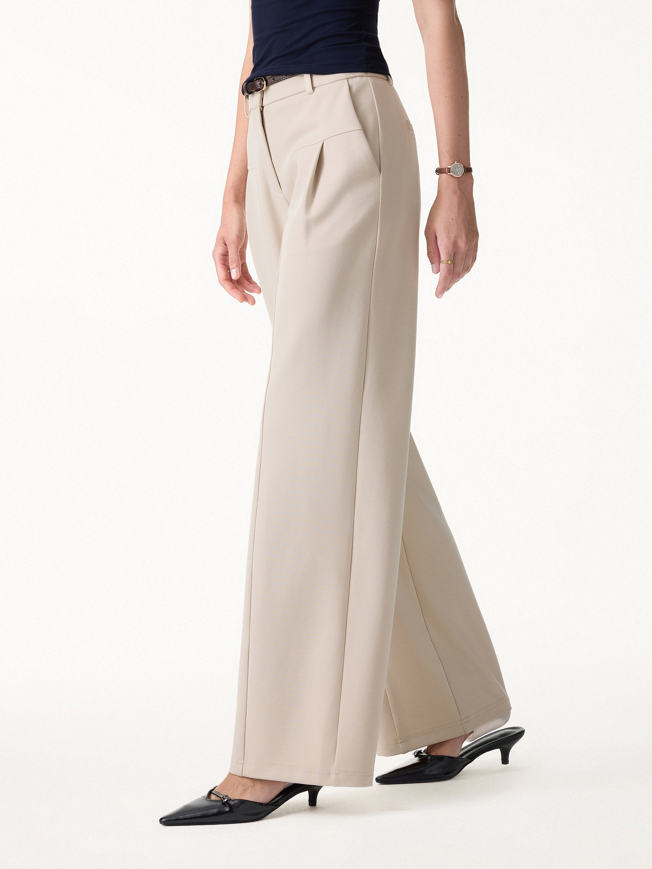 Stretch Cotton Mid Rise Wide Leg Trouser