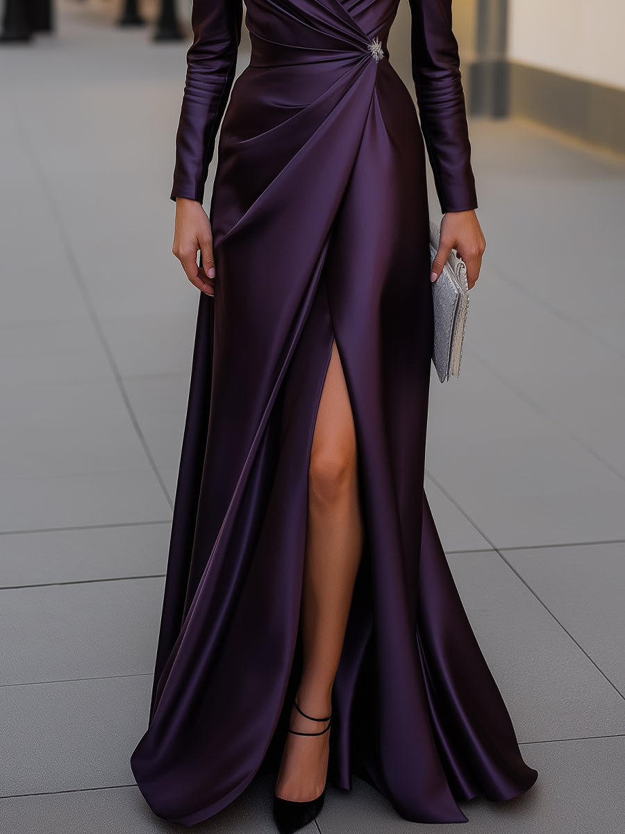 Léon Varel Satin Asymmetric Draped Evening Gown