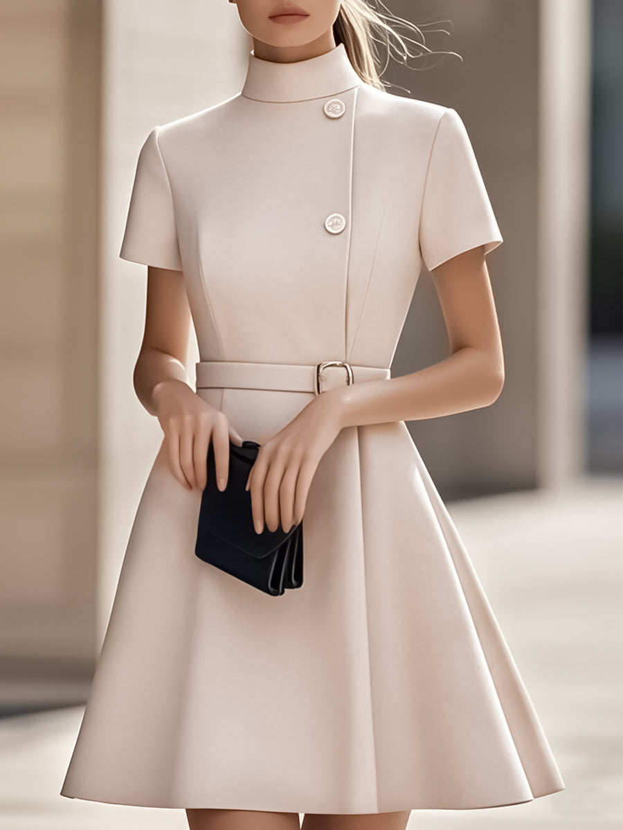 Léon Varel Elegant Black High-Neck Dress with Belted Waist