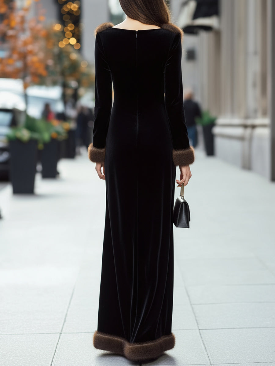 Léon Varel Luxurious Black Velvet Gown With Faux Fur Trim