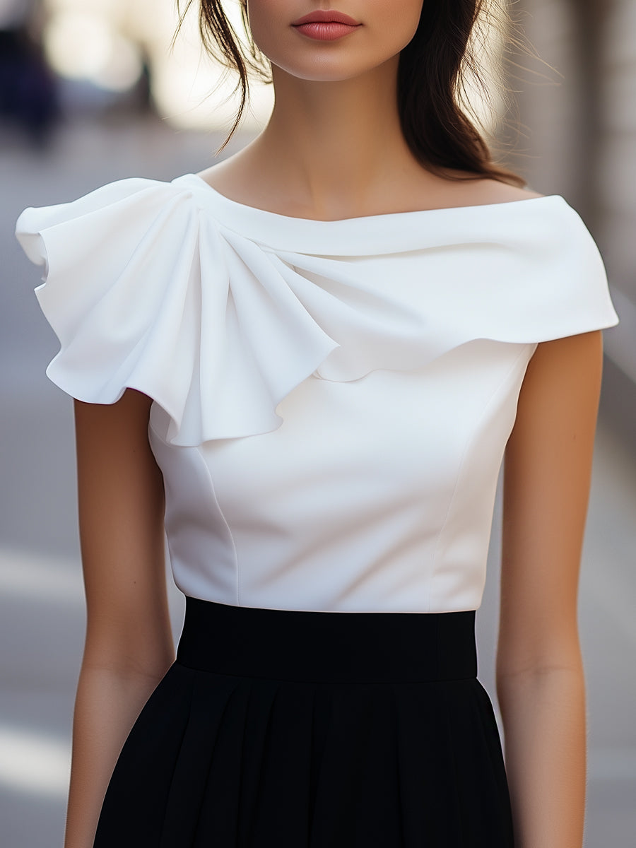 Léon Varel Chic Asymmetric Ruffle Blouse with Boat Neck