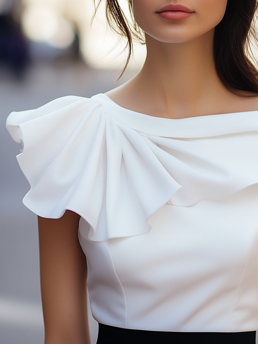 Léon Varel Chic Asymmetric Ruffle Blouse with Boat Neck