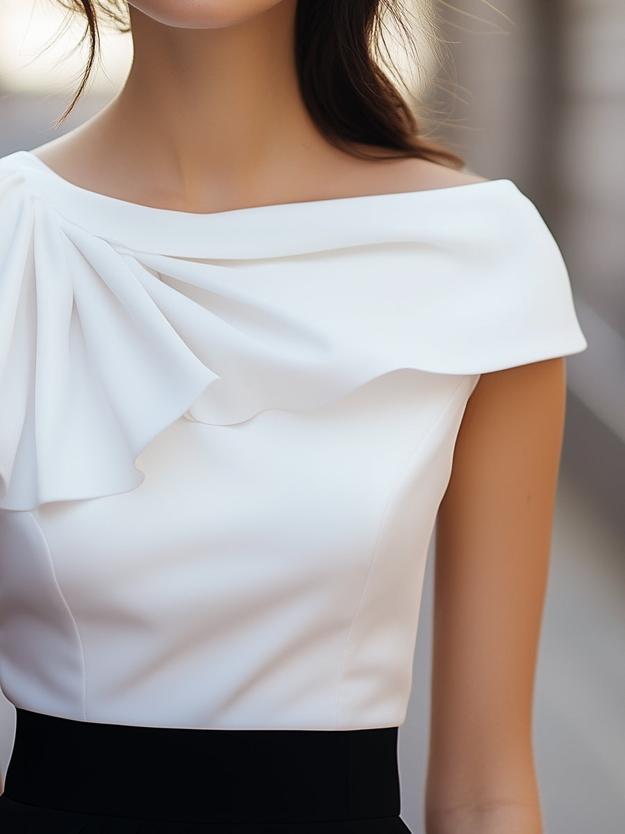Léon Varel Chic Asymmetric Ruffle Blouse with Boat Neck